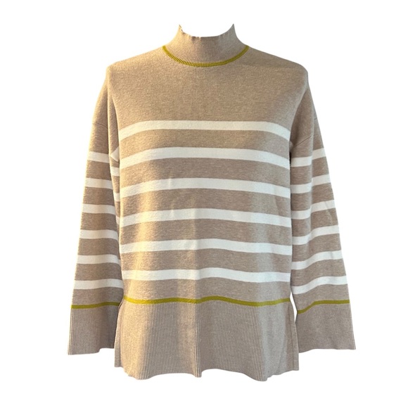 Tahari Long Sleeve Stripe Mock Turtleneck Sweater Lime Green Accent Stripe SZ M - Picture 1 of 8